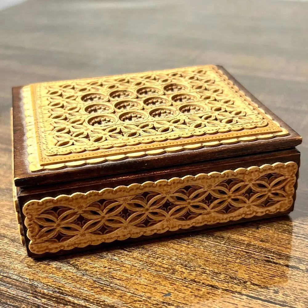 Russian Carved Jewelry Box Container Wood Latticed Pierced Panels Wooden Storage